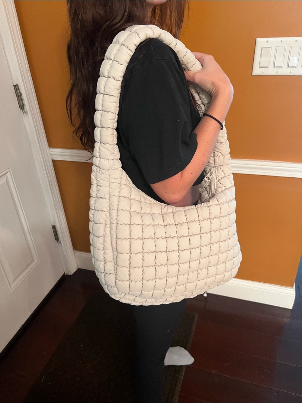Quilted Hobo Shoulder Bag — Cream